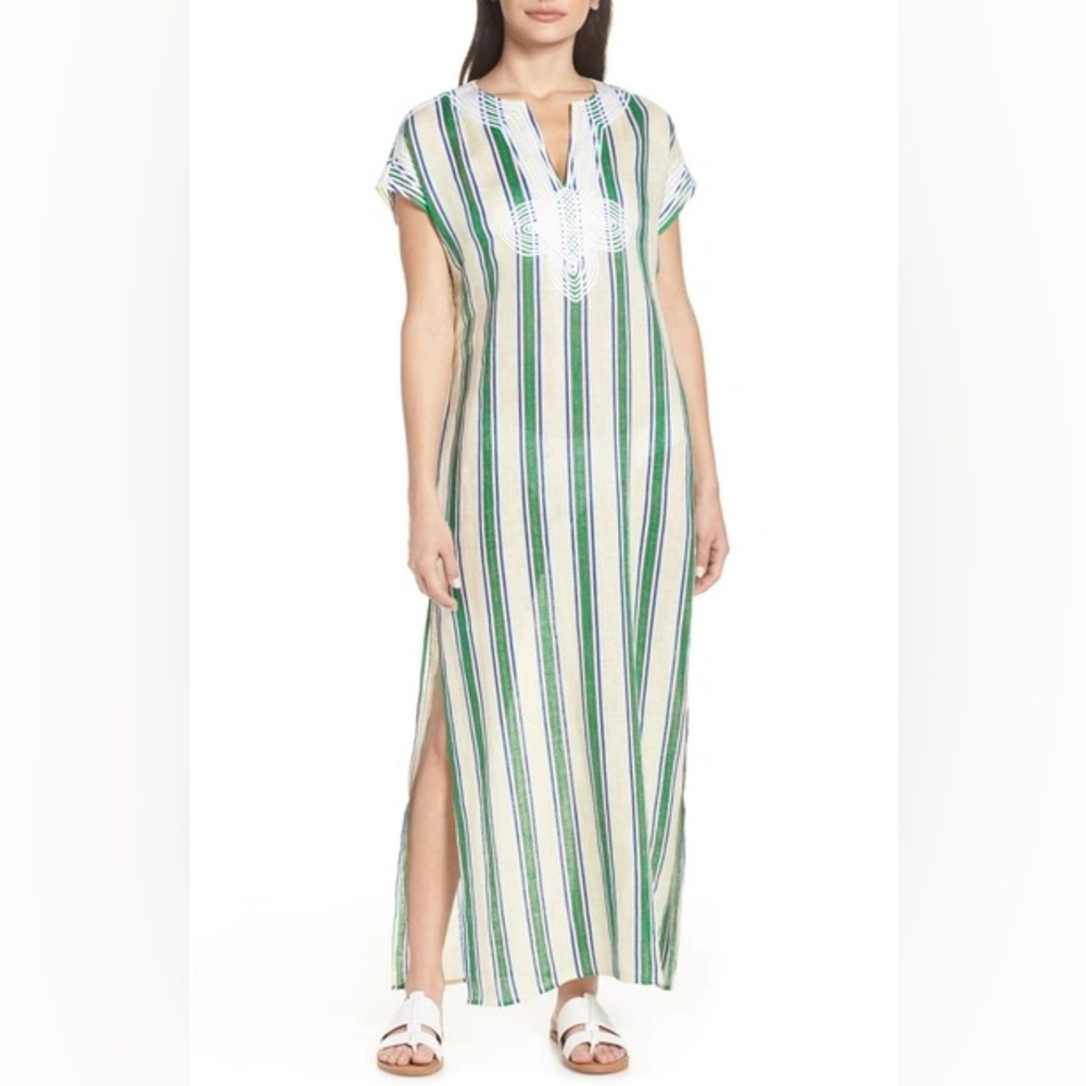 Tory Burch Awning-Stripe Caftan 100% linen Dress